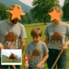 Dog photo turned into custom cartoon embroidery on matching family tees